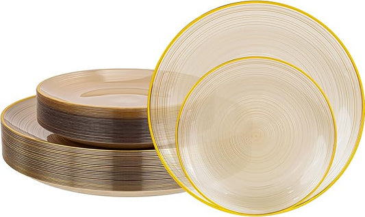 Morejoy 60Pcs Brown Plastic Plates,Brown Disposable Plates With Gold Rim, Gold Party Dinnerware Set Include 30 Dessert plates,30 Dinner plates for Party & Wedding