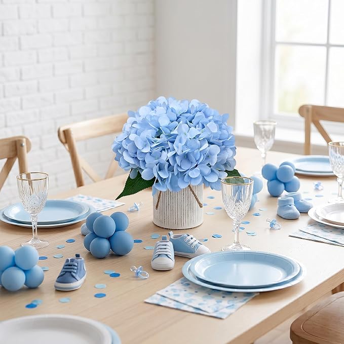 Set of 6 Faux Flower Table Centerpieces - Light Blue Artificial Hydrangeas Floral Arrangement with Rustic Metal Vase for Anniversary Wedding Tea Party Event Decorations