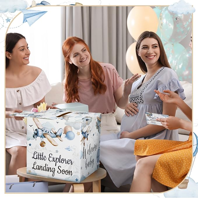 Teling 51 Pieces Diaper Raffle Tickets with Card Box Baby Shower Decorations Baby Shower Holder Box for Girl Boy Diaper Raffle Party(Airplane Style)