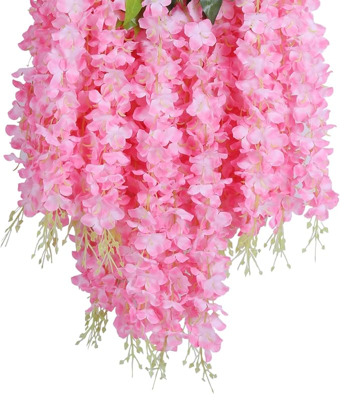 U'Artlines 24 Pack (Total 86.4 Feet) Artificial Fake Wisteria Vine Rattan Hanging Garland Silk Flowers String Home Party Wedding Decor (24, Pink)