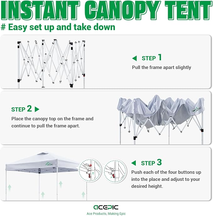 Acepic 8x8 Pop Up Canopy Tent,300D Silver-Coating Top,Pop Up Canopy Tent Instant Portable Shelter with Carry Bag, 8 Stakes