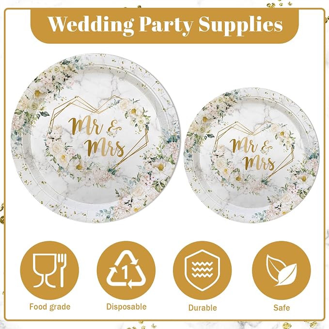 MEHOFOND 193 pcs White Wedding Party Decorations, Mr and Mrs Paper Plates Cup and Nakpins Set, Floral Wedding Disposable Dinnerware with Tablecloth, Bridal Shower Disposable Party Supplies, 24 Guests