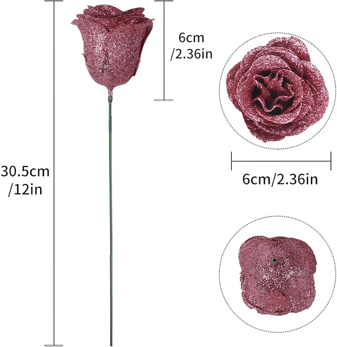 Rose Gold Flowers, 30PCS Glitter Roses Bouquet Artificial Roses with Stems for Crafts Wedding Bouquet Party Home Decor(Rose Gold)