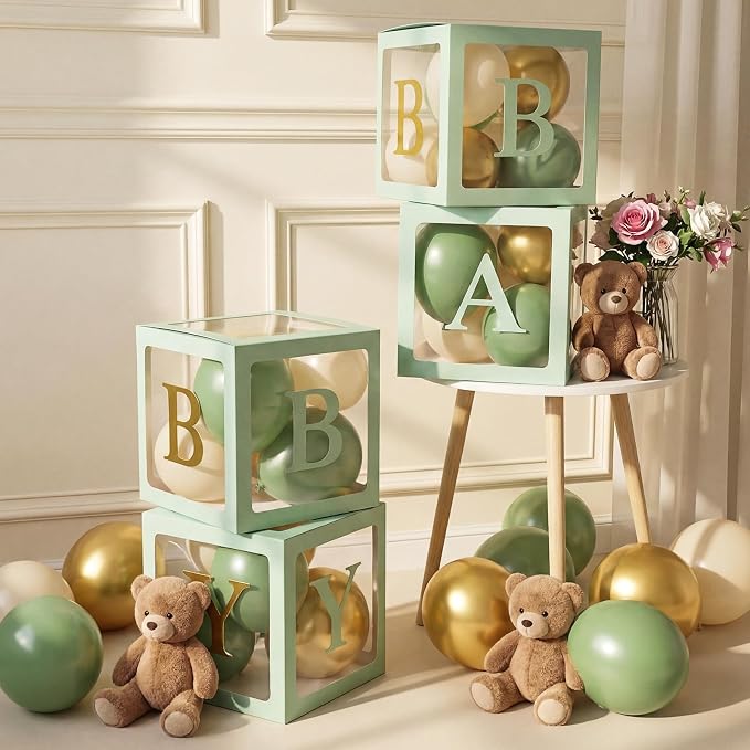 Zhanmai Baby Boxes for Bear Baby Shower Decoration with 4 Letters 36 Balloons 4 Transparent Clear Balloon Box Blocks for Boy Girl Gender Reveal Party Favors (Gold,White,Sage Green)