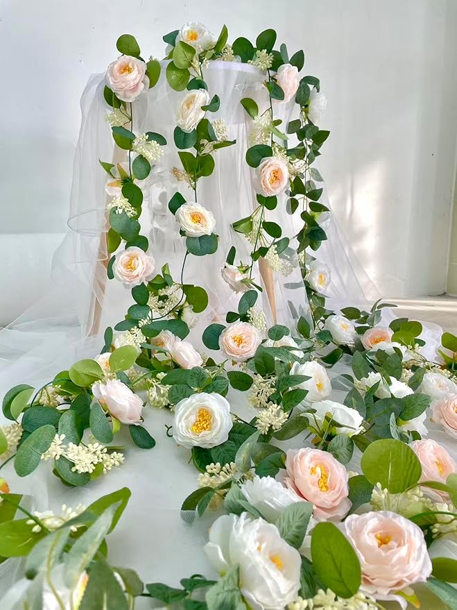 Zerzsy 2 Pack Artificial Greenery Vine Fake Flower Garlands, 6.6Ft Pink Floral Rose Garland, Eucalyptus Garland Faux Silk Hanging Vine for Wedding Table Runner Room Decor (Pink)