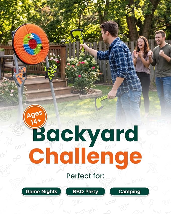 GIRAFFYCO Axe Throwing Game Set for Backyard, Target Stand with 6 Axes, 6 Throwing Stars & 6 Dart-Style Pieces, Indoor/Outdoor Yard Game for Kids, Teens, Adults & Family Play