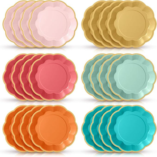 72 Pcs Colorful Coral Paper Plates 9 Inch Pastel Rainbow Gradient Scalloped Paper Disposable Dinner Dessert Plates for Birthday Wedding Bridal Party Supplies, 6 Colors
