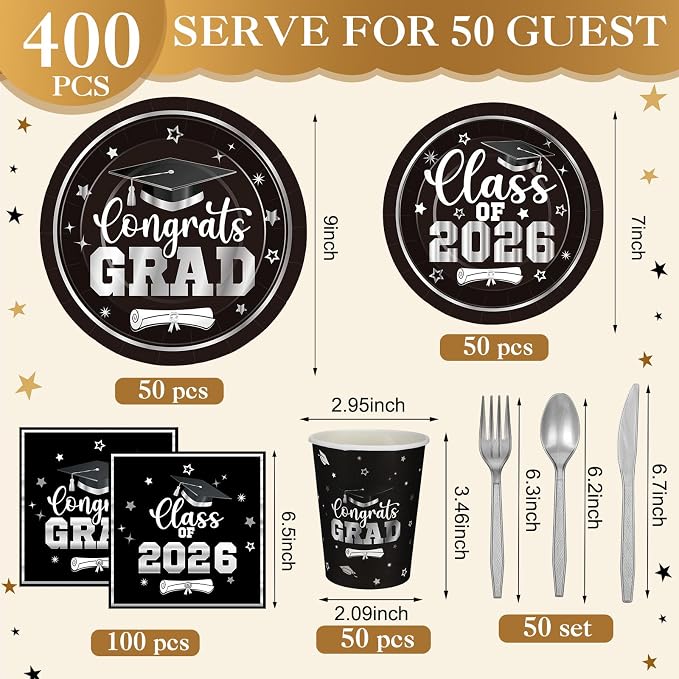 Funnymoom 400 Pcs Graduation Party Supplies Class of 2026 Graduation Paper Plate Napkin Cup Cutlery Congrats Grad Disposable Tableware Set for Grad Party Decorations, Serve 50(Black)