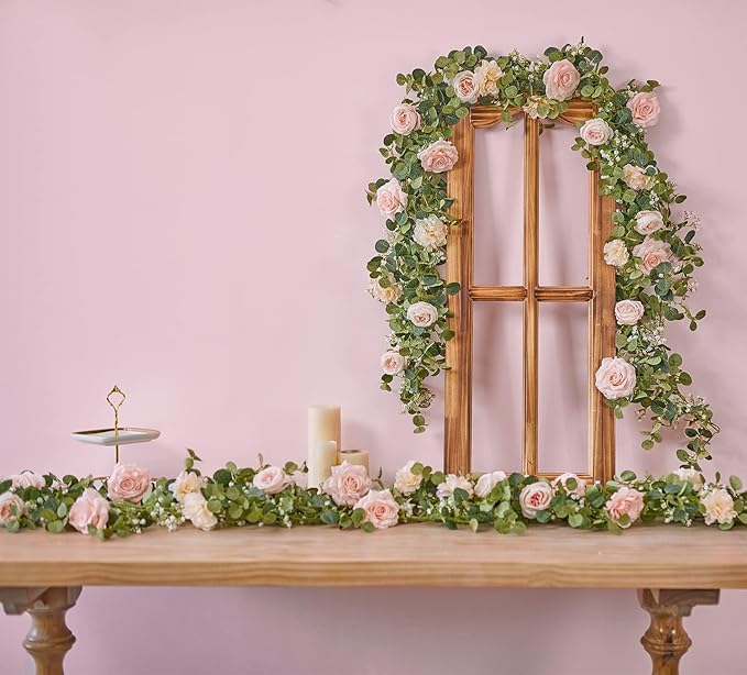 Anna's Whimsy 2PCS 5.91FT Artificial Eucalyptus Garland with Flowers, Fake Rose Gypsophila Garland, Faux Floral Garlands Greenery for Wedding Spring Home Party Table Runner Decor (Pink)