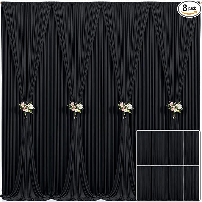 8 Panels Black Backdrop Curtain for Parties Wrinkle Free Black Photo Curtains Backdrop Drapes Fabric Decoration for Birthday Party Wedding 40ft(W) x 10ft(H)