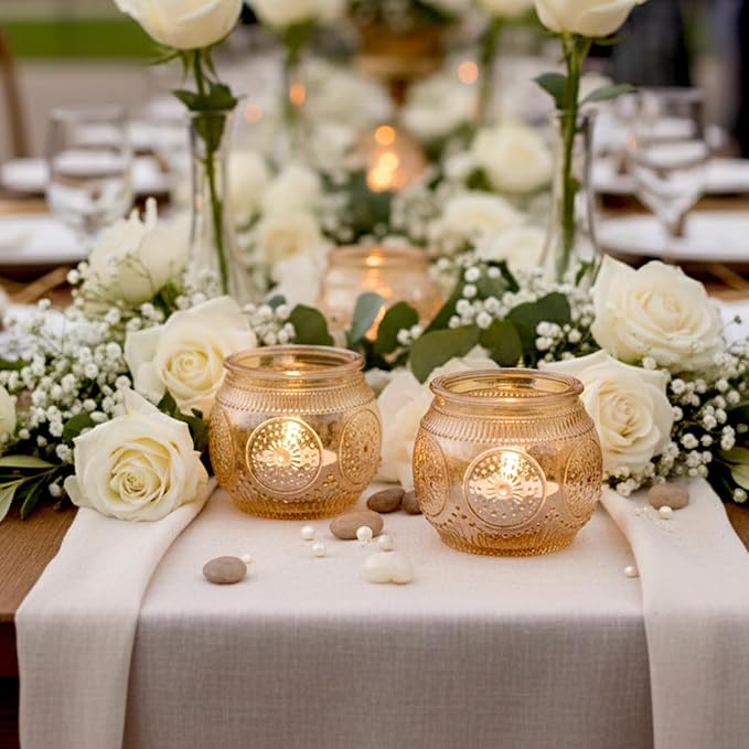 12 Pcs Gold Votive Candle Holders for Wedding Table Decor, Floral Style- Gold Centerpieces for Table, Bridal Shower, Birthday, Reception Party Decorations
