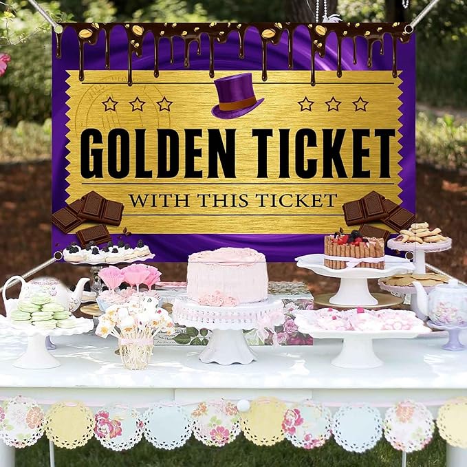 6x4FT Golden Ticket Banner Chocolate Factory Backdrop Purple Chocolate Factoy Kids Birthday Party Background for Adults Kids Birthday Baby Shower Party Decorations Supplies TAYHBDJ106