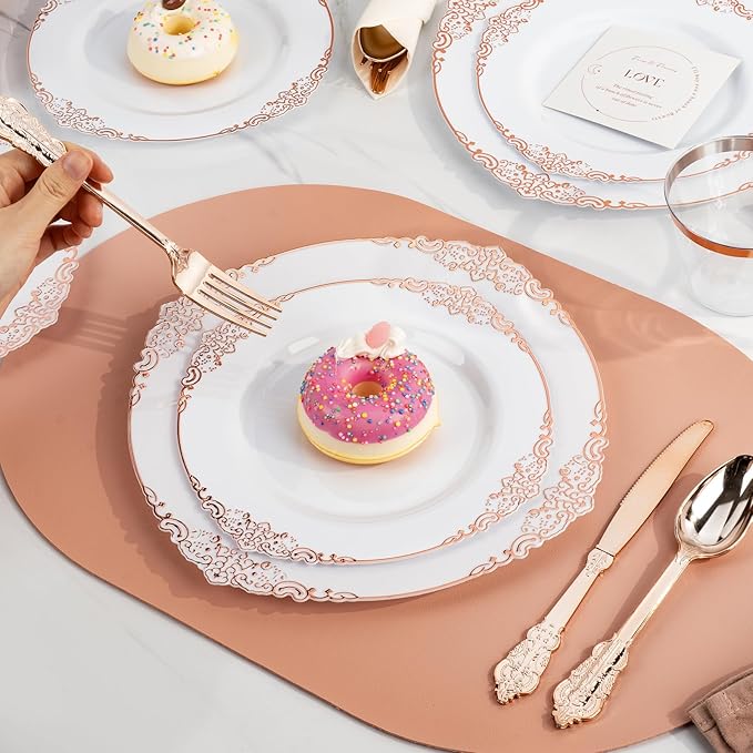 Bestluck 175PCS Rose Gold Plastic Plates for 25 Guests, Disposable Dinnerware Sets Include 50 Rose Gold Rim Plastic Plates, 25 Silverwares and 25 Cups, 25 Pre Rolled Napkins for Party, Graduation