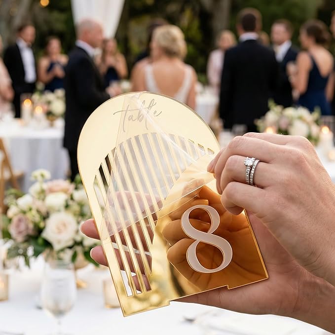 Gold Mirror Arch Wedding Table Numbers 1-10 w/Stand, Gold Mirror 5.5" x 7” Arch Acrylic Signs with Holders, Table Numbers for Wedding Reception, Centerpiece, Anniversary, Party, Event