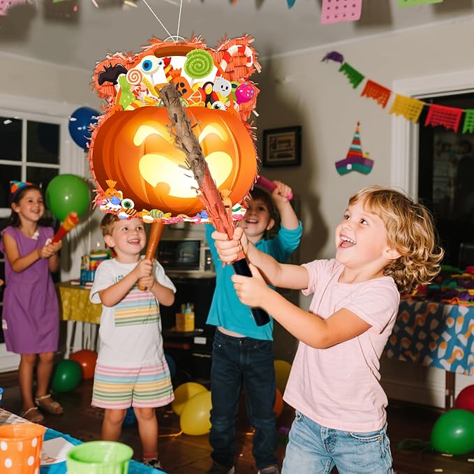 4 Pcs Fall Pumpkin Pinata Set, 14.5" x 14.5" Perfect for Thanksgiving Day or Halloween Party Decorations Activity Supplies with Stick for Autumn Fall Festival Celebrations