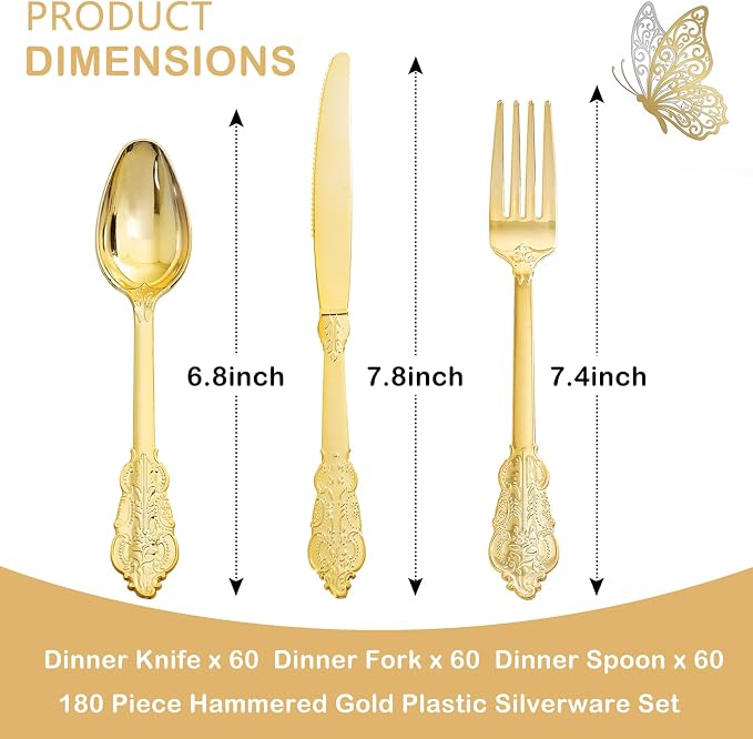 Supernal 360pcs Gold Plastic Silverware Set with Embossed Handles - Vintage Baroque Heavy Duty Disposable Cutlery (120 Forks, 120 Spoons, 120 Knives) | Elegant Gold Utensils for Wedding & Party