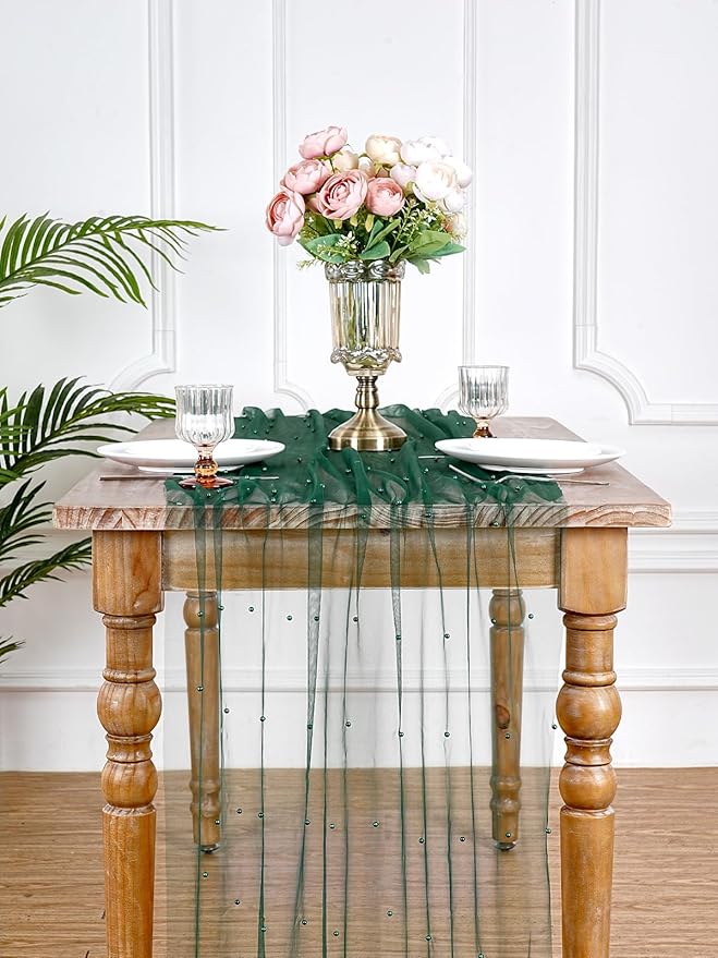 Pearl Table Runner Tulle Fabric: 10ft Pearl Kitchen Linen 29x120 Inch 12pcs Emarald Green Sheer Gauze Fabrics for Wedding Decor Birthday St. Patrick's Day Party Dining Table Cover