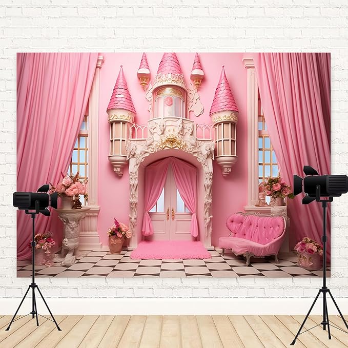 20x10ft Pink Castle Backdrop Room Door Curtain Photography Background Flowers Vases Sofa Princess Girl Birthday Banner Decorations Newborn Baby Shower Wedding Party Portrait Photo Booth Prop