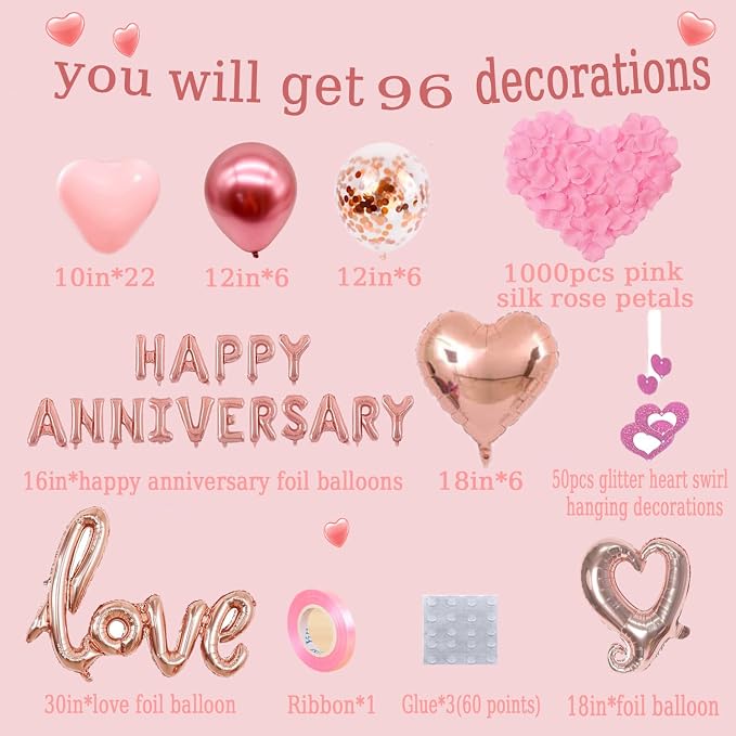 Anniversary Decorations, Happy Anniversary Balloons Banner, Pink Heart Balloons Heart Hanging String Pink Rose Petals for Wedding and Valentines Day Romantic
