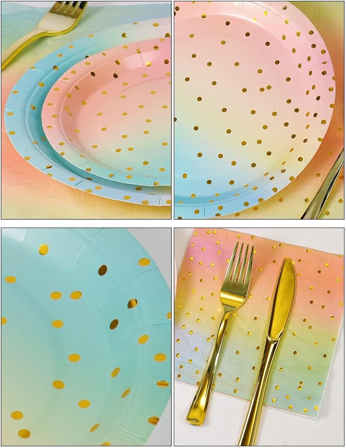 Nkaiso 141 Pieces Rainbow Gold Party Supplies, Party Dinnerware Sets Include Paper Plates Napkins Cups Silverware, for Wedding Bridal Shower Engagement Birthday Parties Decoration -20 Serves