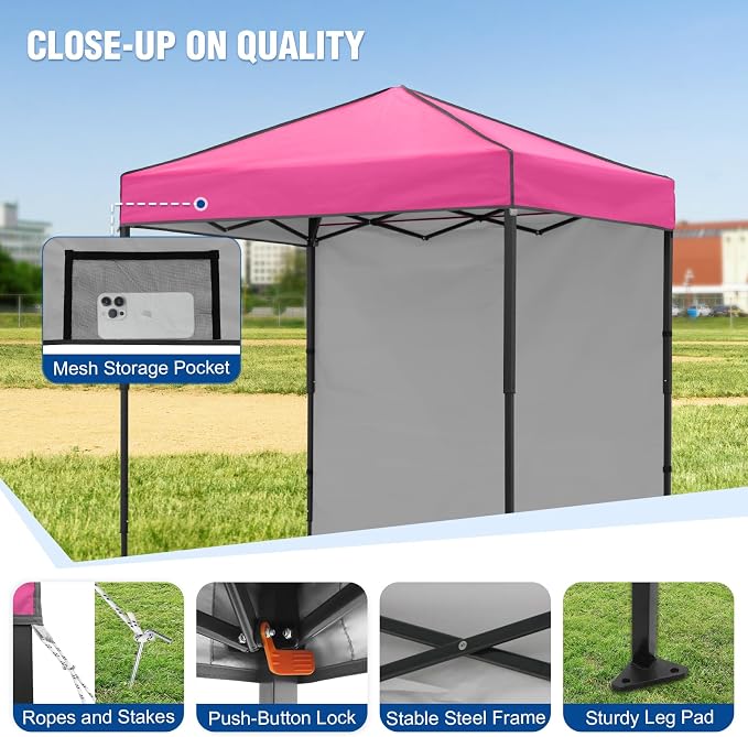 6x4 Pop Up Canopy Tent with One Wall Panel, Instant Portable Beach Canopy, Outdoor Tent with Carry Bag for Camping, Sports, Tailgating, Events, Pink