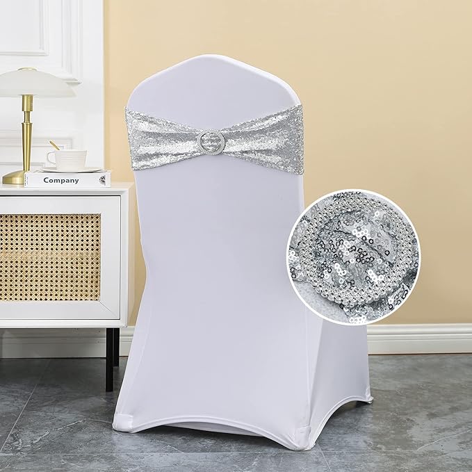 Pack of 50 Sequin Silver Chair Sashes for Wedding Decor, Glitter Chair Bands with Buckles for Party Birthday Bridal Shower Anniversary Christmas Events Decorations