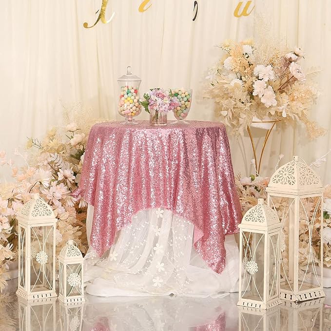 Eternal Beauty Fuchsia Pink Tablecloth, 50x50 Inch Sequin Square Table Cover for Mother's Day Cake Dessert Exhibition Party Birthday Events