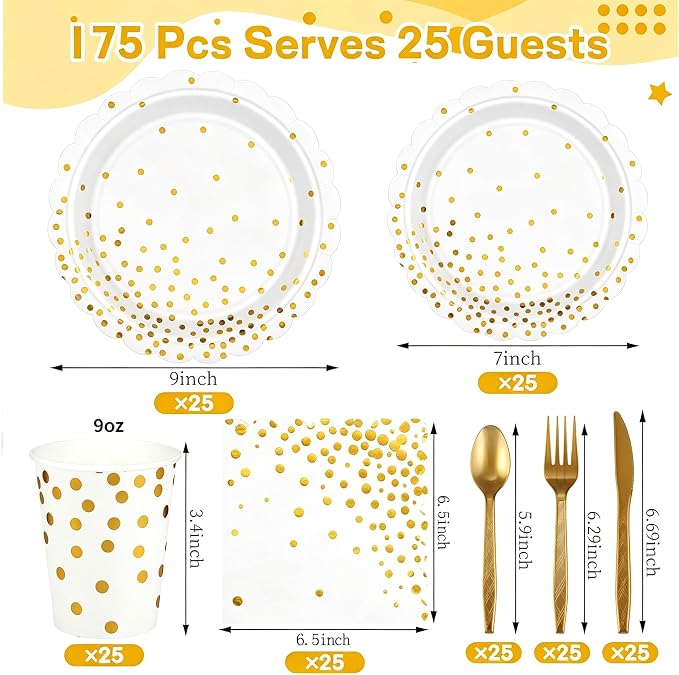 175 Pcs White and Gold Paper Plates and Napkins, Disposable Gold Party Dinnerware Include Scalloped Party Plates Napkin Cups Plastic Cutlery for Birthday Wedding Graduation Congratulations