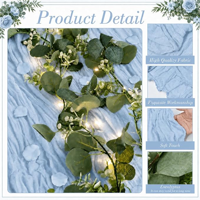 Cinrobiye 11PCS Boho Cheesecloth Table Runner Set with Rose Petals, 120'' Gauze Table Runner, Wrinkled Napkins, Eucalyptus Garland and String Lights for Wedding Baby Shower Tea Party Decorations