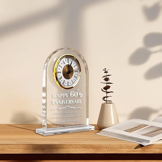 60th Wedding Anniversary Clock Gifts for Couples - Elegant Crystal Glass Clock Keepsake for Husband & Wife - Unique Home Decor for 60 Years of Marriage
