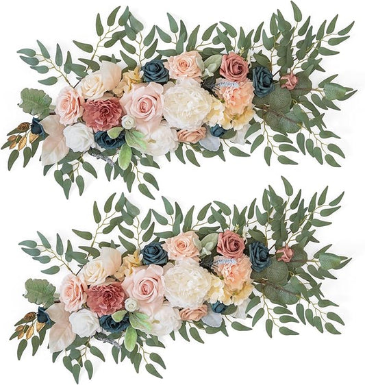 TINGE TIME Dusty Rose & Navy Blue Flower Garlands, 2 PCS Artificial Eucalyptus Arch Flowers, Handcraft Artificial Rose Garlands for Arch Wedding Sweetheart Table Ceremony Backdrop Decorations for Home