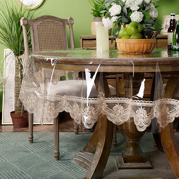 ARTABLE Vinyl PVC Rectangle Tablecloth Waterproof Clear Table Cover with Champagne Lace Macrame Border for Wedding Kitchen Home Outdoor Indoor Holidays Party Decor (Champagne, 60'' (Round))