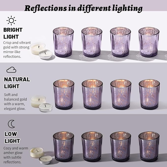 LETINE 36pcs Purple Votive Candle Holders – Glass Tea Light Candles Holder, Standard Votive Size for Regular Votive Candles– Bulk Candle Holder for Party Decoration, Bridal Shower, Home Decor