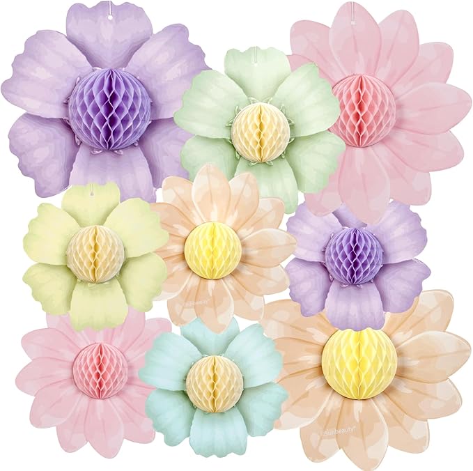Paper Jazz 9PCS Paper Flowers Party Decorations,Pastel Honeycomb Butterfly Party Decoration,Fairy Birthday Party Decoration for Garden Tea Party Floral Baby Shower.