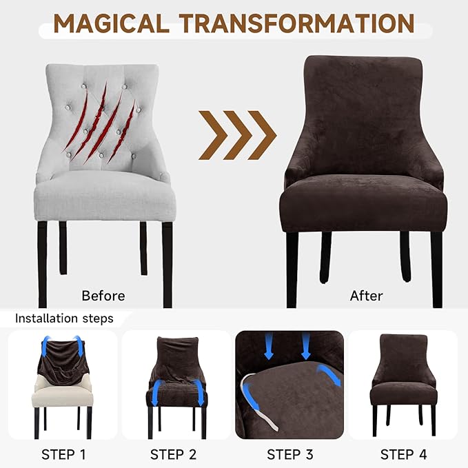 Velvet Wingback Dining Chair Cover Soft Stretch Accent Chair Cover Slipcover Thick Plush Wing Back Chairs Covers Furniture Protect Washable Chairs Protector Covers for Dining Room (Dark Brown, 2)