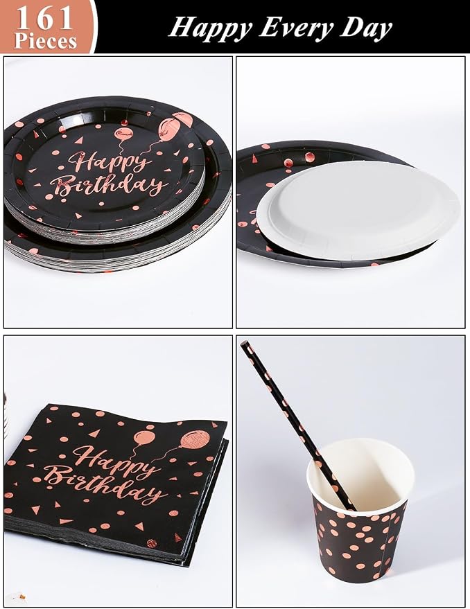 Nkaiso Birthday Party Tableware, 161 Pieces Black and Rosegold Party Supplies, Party Dinnerware Sets Include Paper Plates Napkins Cups Silverware, for Shower Engagement Parties Decoration -20 Serves