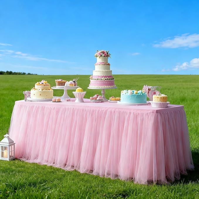1-Pack Pink 2-in-1 Tulle Tablecloth for 6-Foot Rectangular Table – Stretch Fitted Table Skirt & Cover for Baby Shower, Bridal, Birthday, Princess Party