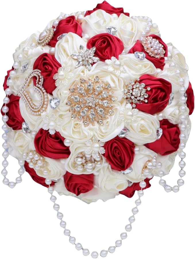 Burgundy and Ivory Bridal Wedding Bouquet with Rhinestone Brooch Pearl String Cascade Bouquet for Bride Bridesmaid Quinceanera Satin Rose Flower Bouquet Wedding Ivory and Burgundy 6.3in