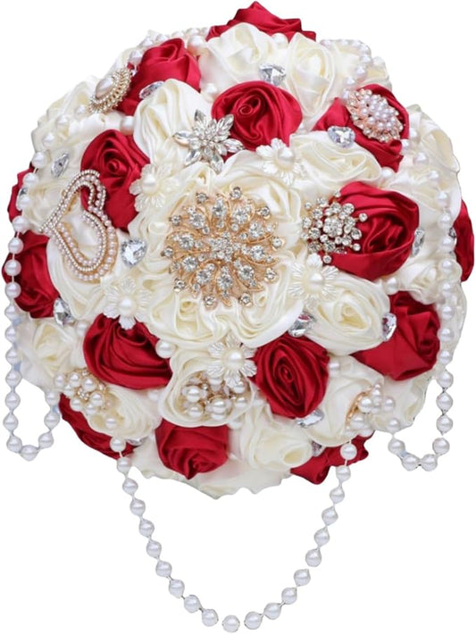 Burgundy and Ivory Bridal Wedding Bouquet with Rhinestone Brooch Pearl String Cascade Bouquet for Bride Bridesmaid Quinceanera Satin Rose Flower Bouquet Wedding Ivory and Burgundy 9.8in