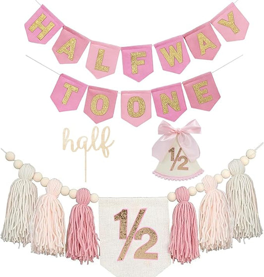 Half Birthday Decorations For Girls - Half Way To One Decorations With 6 Months Birthday Banner 1/2 Birthday Girl Highchair Banner Cake Topper & Party Hat 6 Months Birthday Decorations