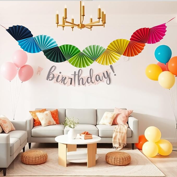 3 Pack Wedding Paper Fans Garland 15.6ft Colorful Background Ceiling Hanging Decorations Set for Birthday Party Supplies 3D Bachelorette Party Decorations (Rainbow)