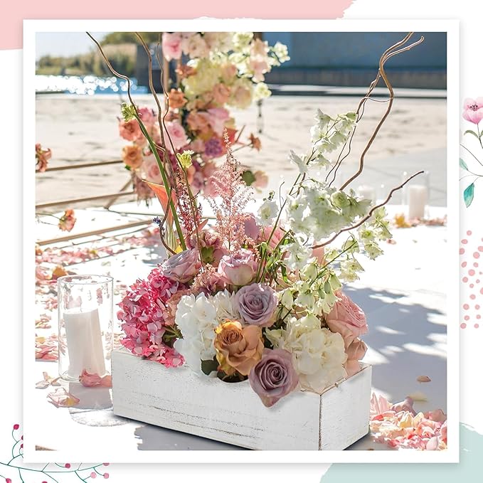 Dandat 6 Set Wood Boxes for Centerpieces 12x4 Inch Rectangle Wooden Planter Box Rustic Wooden Planters with Removable Plastic Liner Floral Foam Blocks for Christmas Wedding Home Garden Decor(White)