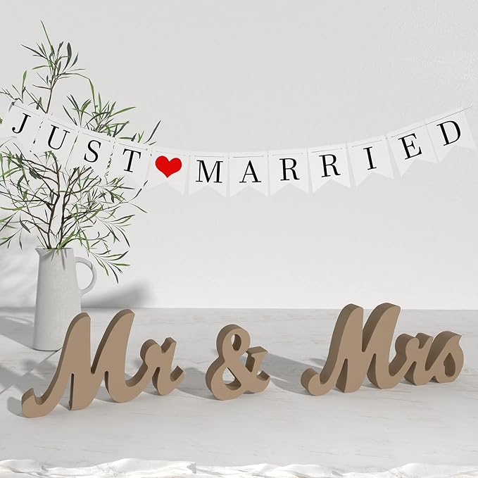 VIOPVERY Mr and Mrs Sign & Just Married Banner,Mr & Mrs Signs for Wedding Table,Large Wooden Letters for Sweetheart Table,Photo Props Wedding decorations for Anniversary,Wood Color