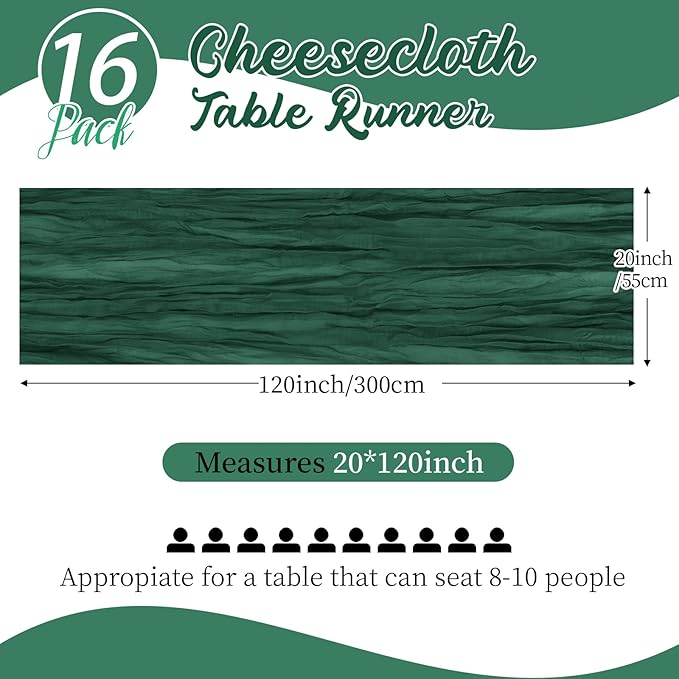 16 Pack Emerald Green Cheesecloth Table Runners 20x120 Inch Gauze Table Runner Cheese Cloth 10FT Green Table Runner Rustic Sheer Runner for Wedding Baby Shower Birthday Party Table Decor