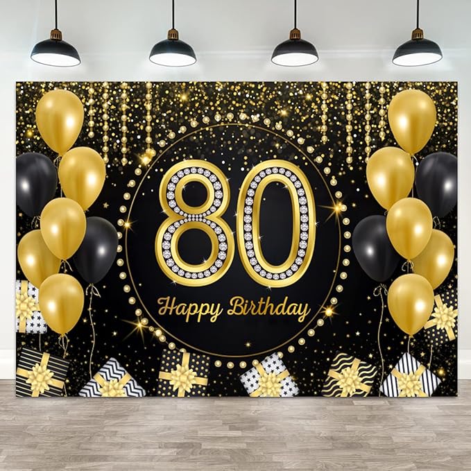 10x6.5ft Happy 80th Birthday Backdrop Black Gold 80 Years Birthday Party Photography Background 80th Anniversary Banner Decorations Men Women Celebration Party Portrait Photo Booth Prop