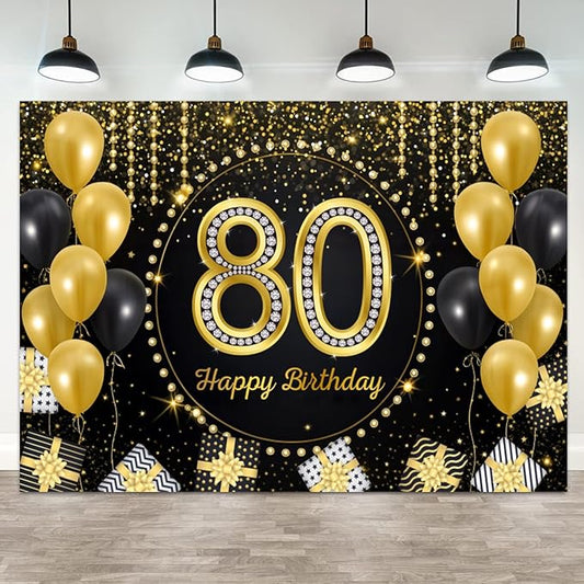 6x4ft Happy 80th Birthday Backdrop Black Gold 80 Years Birthday Party Photography Background 80th Anniversary Banner Decorations Men Women Celebration Party Portrait Photo Booth Prop