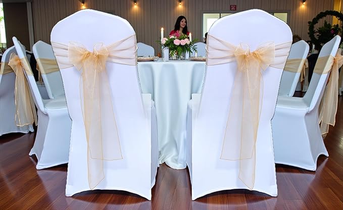 MDS® Pack of 75 Organza Chair Sashes for Wedding Decoration, Reusable Sheer Chair Bows for Banquet Chair Cover, Reception, Bridal Shower, Baby Shower, Birthday Party & Special Events - Champagne Gold