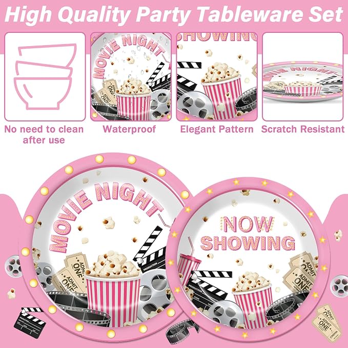 96Pcs Movie Night Party Supplies Pink Movie Birthday Plates and Napkins Theater Pop Corn Tableware Disposable Dessert Dinnerware for Girls Film Festival Birthday Party for 24 Guests