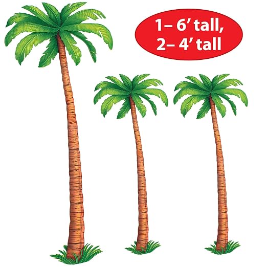 Beistle Jointed Palm Trees - 3 Pack, Cardstock Paper Palm Tree Cutouts, Hanging Wall Decorations for Luau, Tropical Hawaiian Beach Party, Summer Event Décor, Photo Backdrop, Two 4’ & One 6’