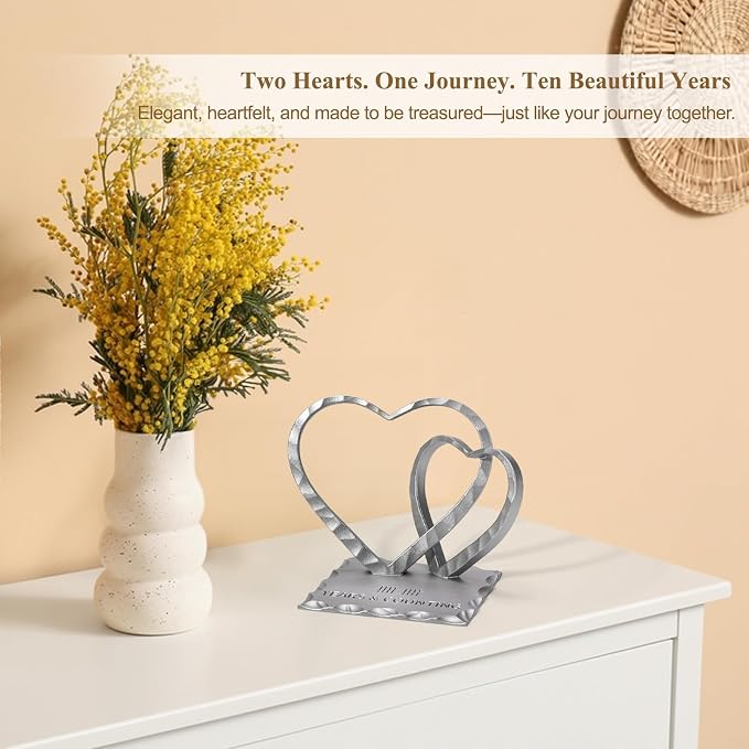 Vastsea 10 Year Anniversary Wedding Gifts for Him Her - 10th Anniversary Tin Gift for Wife Couples Husband, Hearts Sculpture Home Decor & Card & Gift Box